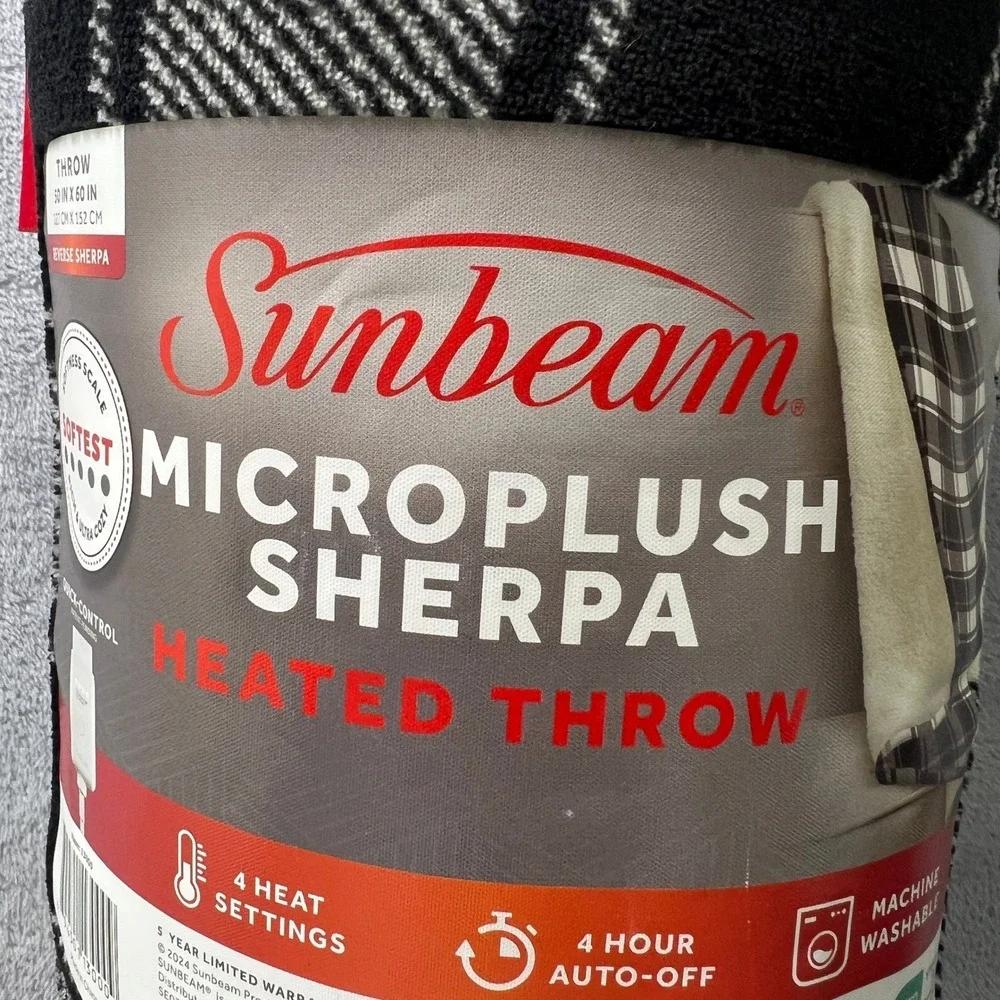 Sunbeam Microplush Sherpa Heated Throw Blanket 50x60 Black Plaid 4 Heat Auto Off